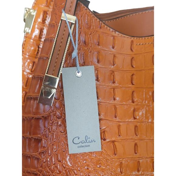 FAUX CROC SATCHEL WITH LONG CROSSBODY STRAP - Picture 7 of 9